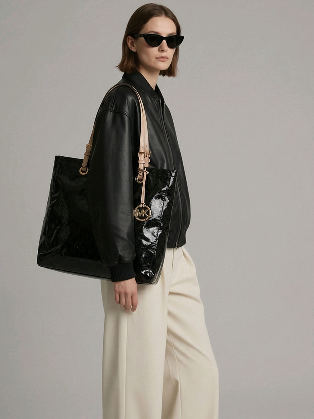 Michael Kors Black Patent Tote with Nude Leather Straps and Gold Logo Charm